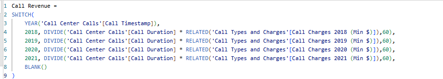 Mesure Dax Call revenue